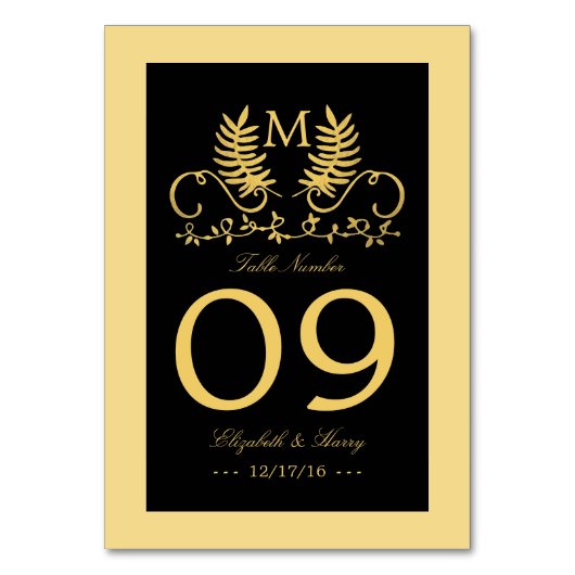 Golden Floral Emblem Wedding Table Number Kaart (Achterkant)