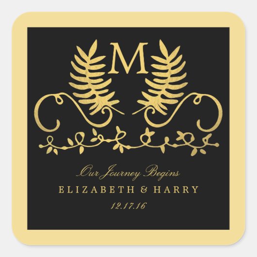 Golden Floral Emblem Wedding Vierkante Sticker (Voorkant)