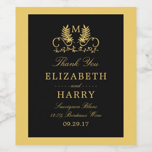 Golden Floral Emblem Wedding Wijn Etiket (Enkel label)