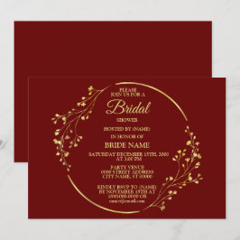 Golden Floral Geometric Wreath Red Bridal Shower Kaart