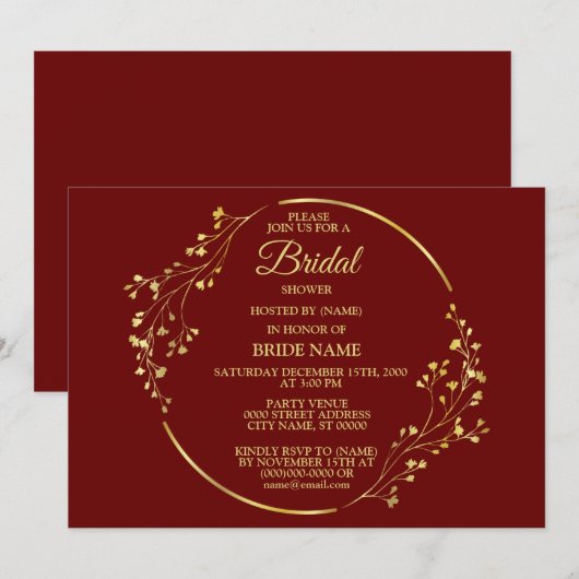 Golden Floral Geometric Wreath Red Bridal Shower Kaart (Voorkant / Achterkant)