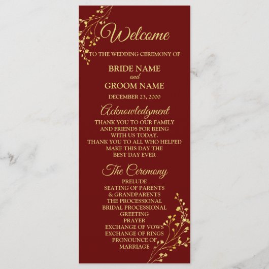 Golden Floral Geometric Wreath Red Wedding Programmakaart (Voorkant)