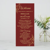 Golden Floral Geometric Wreath Red Wedding Programmakaart (Staand voorkant)