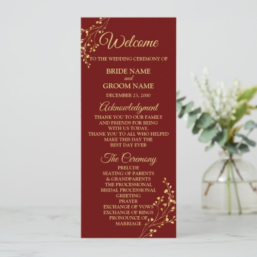 Golden Floral Geometric Wreath Red Wedding Programmakaart (Staand voorkant)