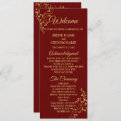 Golden Floral Geometric Wreath Red Wedding Programmakaart (Voorkant / Achterkant)