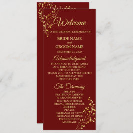 Golden Floral Geometric Wreath Red Wedding Programmakaart