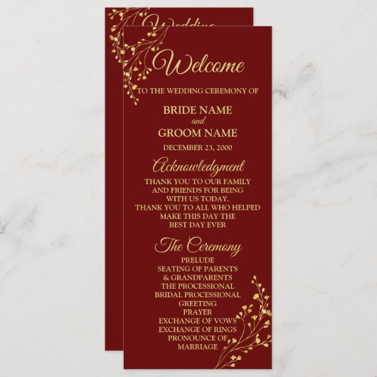 Golden Floral Geometric Wreath Red Wedding Programmakaart (Voorkant / Achterkant)