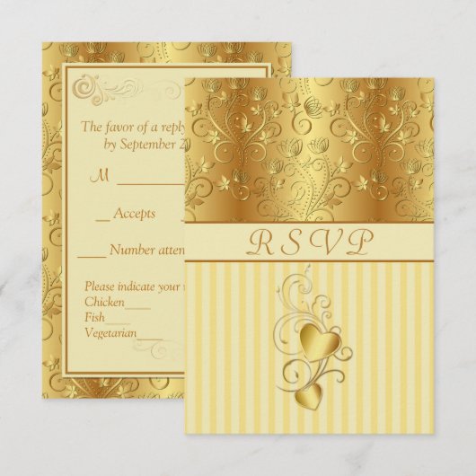 Golden floral, harten Wedding RSVP Uitnodiging (Voorkant / Achterkant)