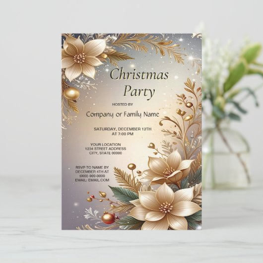 Golden Floral Holiday Party Invitation Kaart (Staand voorkant)