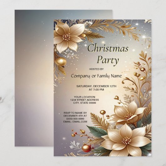 Golden Floral Holiday Party Invitation Kaart (Voorkant / Achterkant)