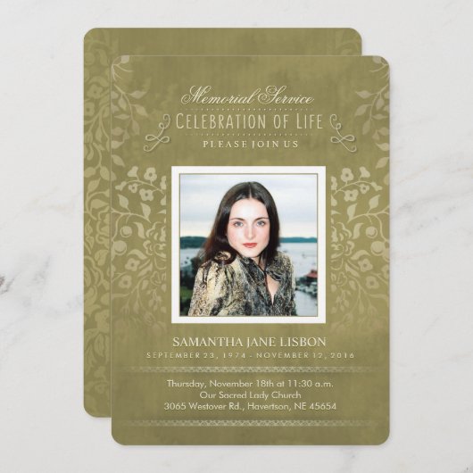Golden Floral Memorial Service Aangepaste uitnodig Kaart (Voorkant / Achterkant)