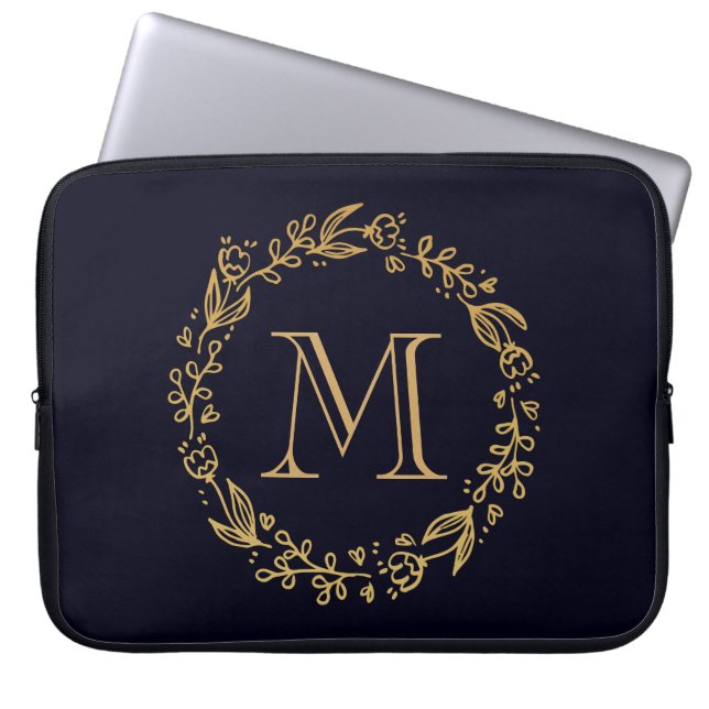 Golden Floral Monogram Laptop Sleeve (Voorkant)