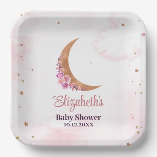 Golden Floral Moon Baby shower Papieren Bordje (Voorkant)