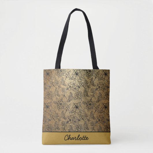 Golden floral naadloos patroon, gepersonaliseerde tote bag (Voorkant)