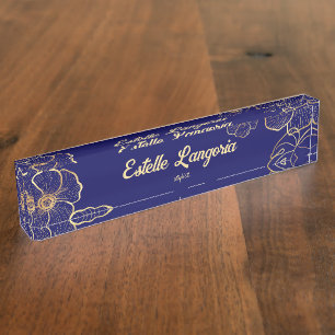 Golden floral navy blue name tag naambordje