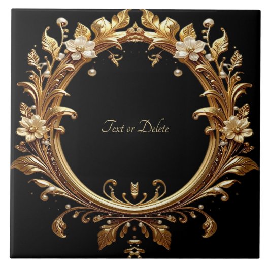 Golden Floral Ornate Frame Ceramic Tile Tegeltje (Voorkant)