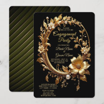 Golden Floral Ornate Frame Engagement Invitation