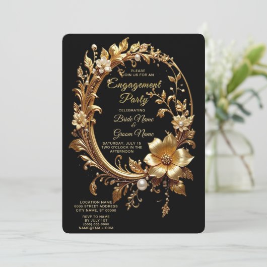 Golden Floral Ornate Frame Engagement Invitation Kaart (Staand voorkant)