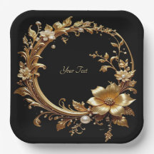 Golden Floral Ornate Frame Paper Plate