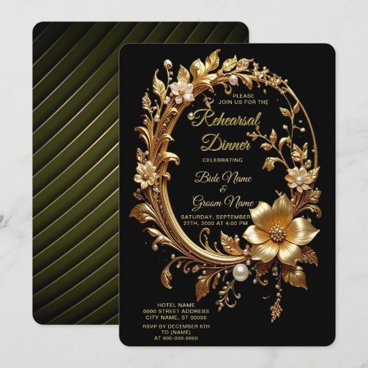 Golden Floral Ornate Frame Rehearsal Dinner Kaart (Voorkant / Achterkant)