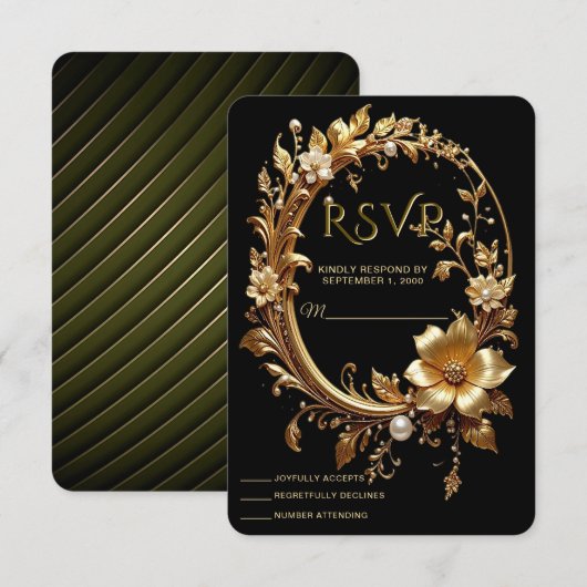 Golden Floral Ornate Frame RSVP Card (Voorkant / Achterkant)