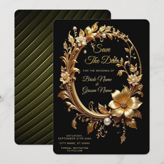 Golden Floral Ornate Frame Save The Date (Voorkant / Achterkant)