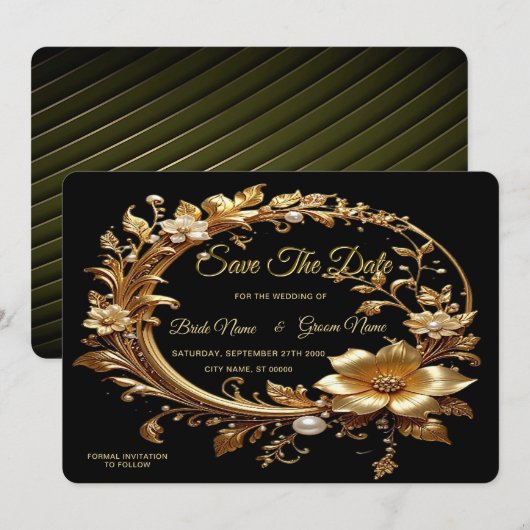 Golden Floral Ornate Frame Save The Date (Voorkant / Achterkant)