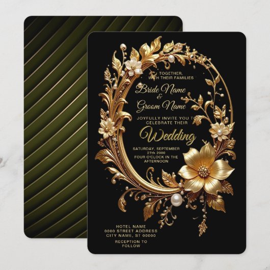Golden Floral Ornate Frame Wedding Invitation Kaart (Voorkant / Achterkant)