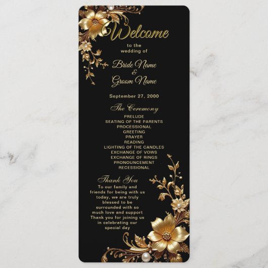 Golden Floral Ornate Frame Wedding Program Programmakaart (Voorkant)