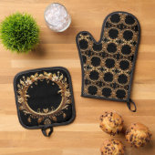 Golden Floral Ornate Oven Mitt & Pot Holder Set (Top down)