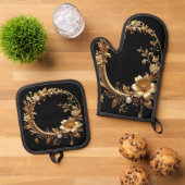 Golden Floral Ornate Oven Mitt & Pot Holder Set (Top down)