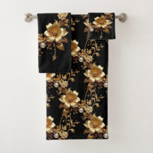 Golden Floral Ornate Towel Set