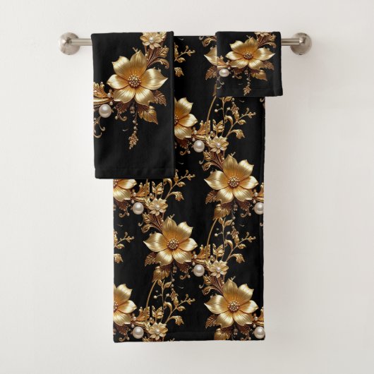 Golden Floral Ornate Towel Set Bad Handdoek (Insitu)