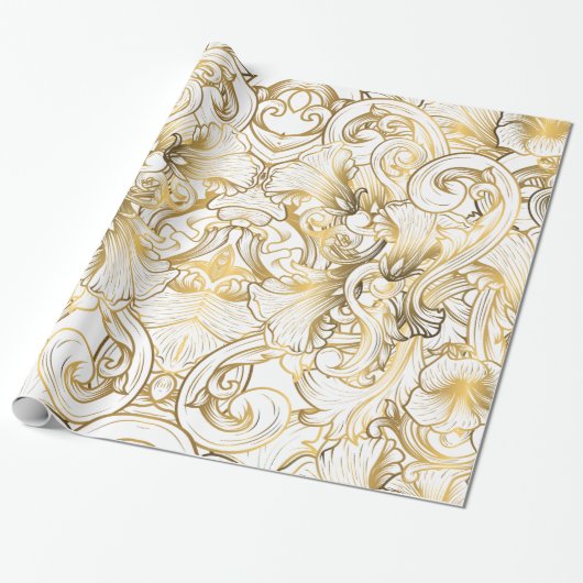Golden Floral Pattern Cadeaupapier (Uitgerold)