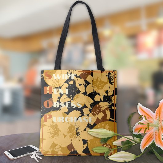 Golden Floral Pattern Shopping Tote Bag