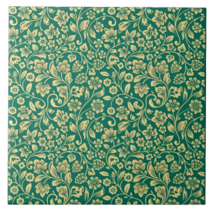 Golden Floral Pattern & Turquoise Background Tegel Tegeltje