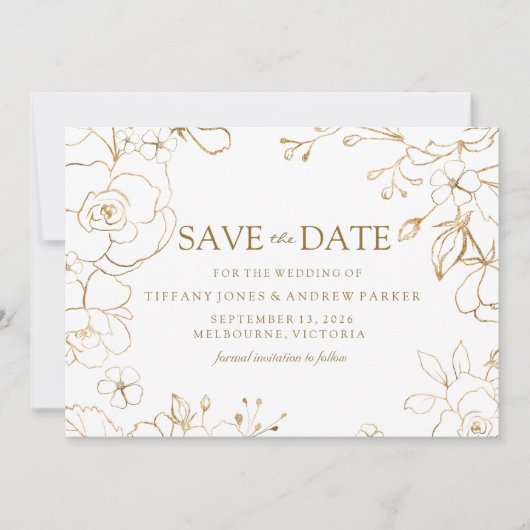 Golden Floral Simple Elegant Wedding Save The Date (Voorkant)