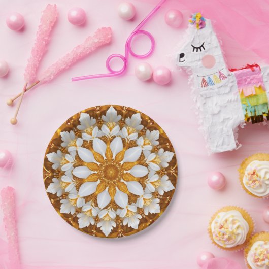 Golden Floral Snowflake Kaleidoscoop Papieren Bordje (Feest)