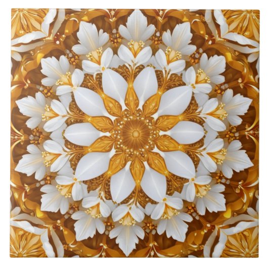 Golden Floral Snowflake Kaleidoscoop Tegeltje (Voorkant)