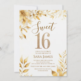 Golden Floral Sweet 16 Birthday Invitation Kaart