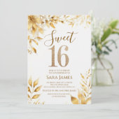 Golden Floral Sweet 16 Birthday Invitation Kaart (Staand voorkant)