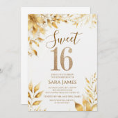 Golden Floral Sweet 16 Birthday Invitation Kaart (Voorkant / Achterkant)