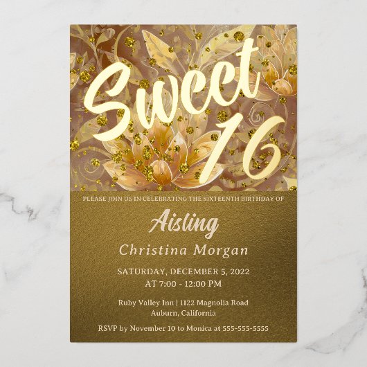 Golden Floral Sweet 16 Invitation Folie Invitation Folie Uitnodiging (Voorkant)