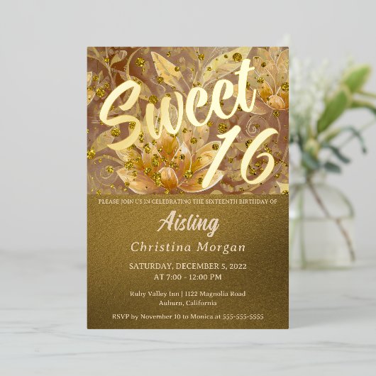 Golden Floral Sweet 16 Invitation Folie Invitation Folie Uitnodiging (Staand Voorkant)