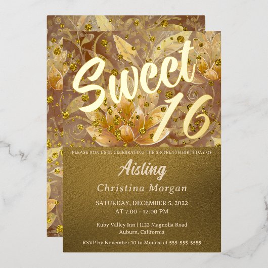 Golden Floral Sweet 16 Invitation Folie Invitation Folie Uitnodiging (Voorkant / Achterkant)