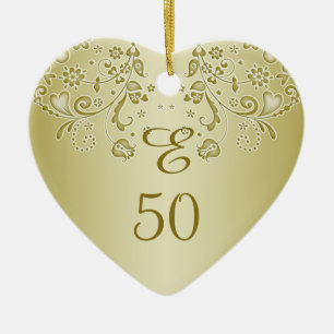 Golden floral swirls 50th Birthday hart Ornament