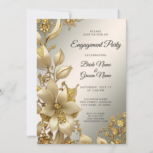 Golden Floral Verloving Invitation Kaart (Voorkant)