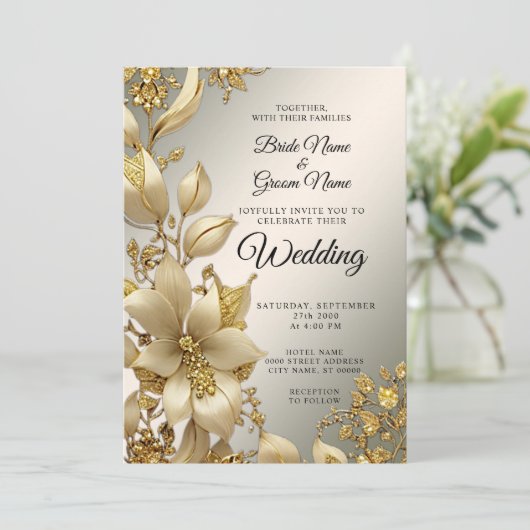 Golden Floral Wedding Invitation Kaart (Staand voorkant)