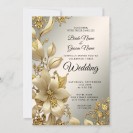 Golden Floral Wedding Invitation Kaart