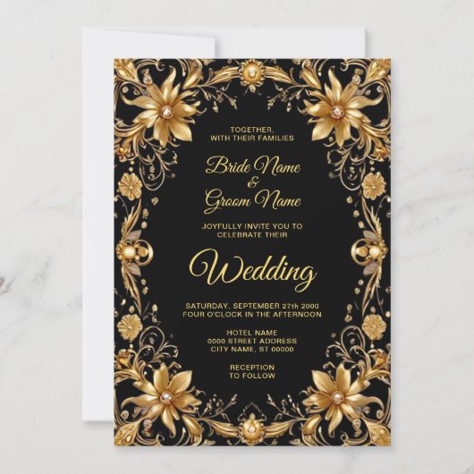 Golden Floral Wedding Invitation Kaart (Voorkant)
